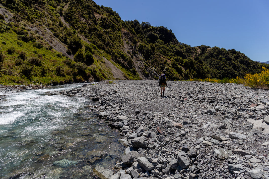 Tramper walking through the Cass River valley in Craigieburn Forest Park, Canterbury, New Zealand