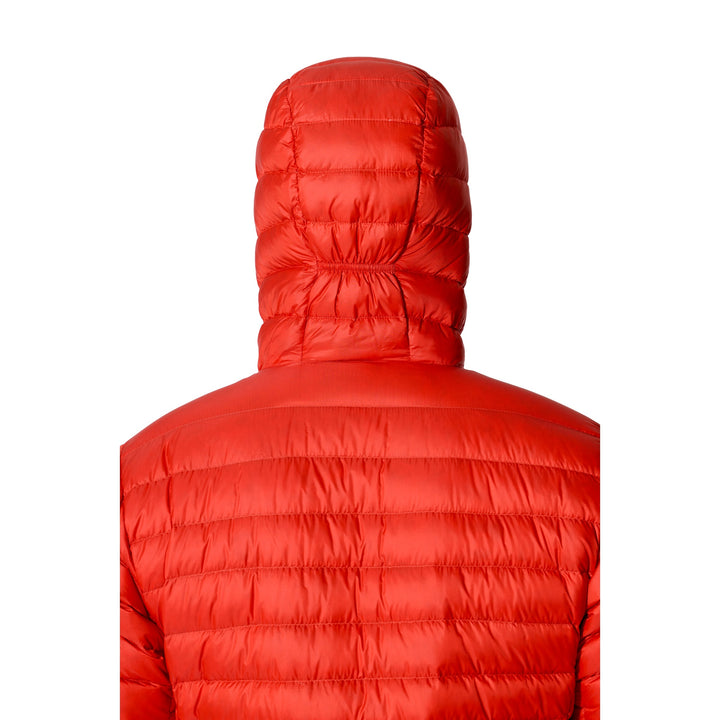 Rear close-up of the Rab Microlight Alpine Down Hoody hood and shoulder baffles in Dark Horizon.