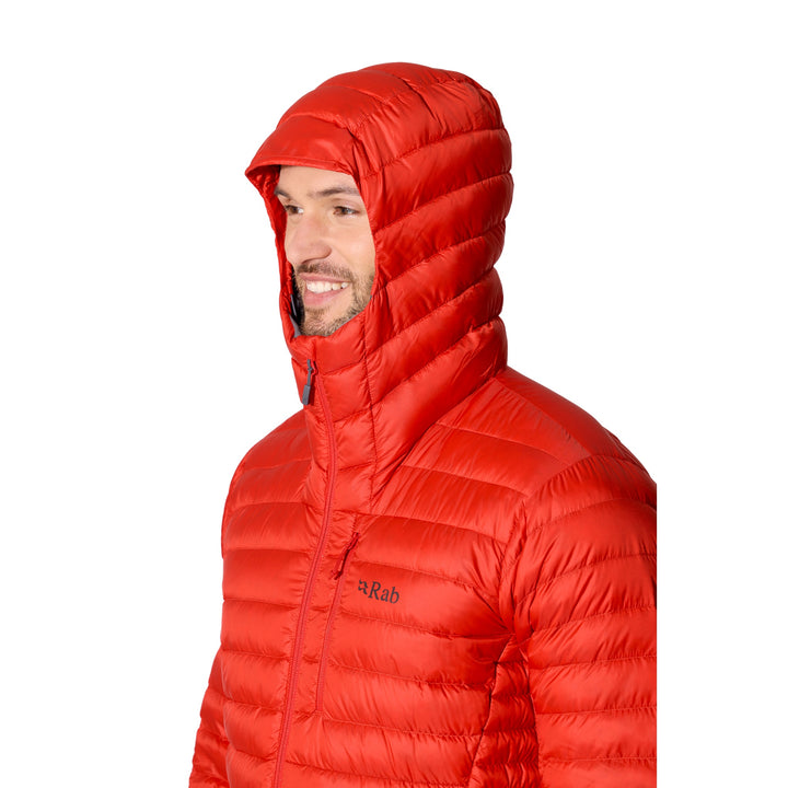 Side close-up of the peaked hood on the Rab Microlight Alpine Down Hoody in Dark Horizon.