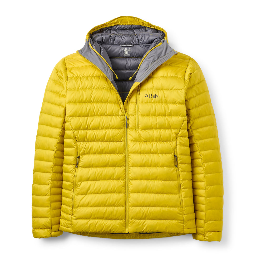Men’s Rab Microlight Alpine Down Hoody in Dark Pollen, front packshot with hood open and grey lining.