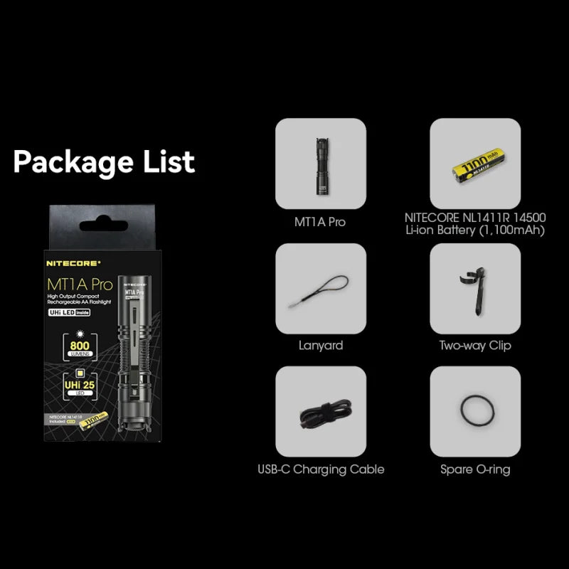 MT1A Pro Compact Rechargeable Flashlight (800 Lumens)