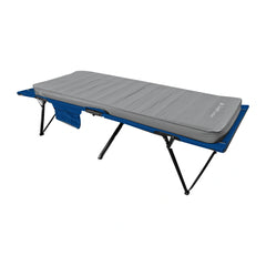 Alternate three-quarter view of the CloudMat King Single mattress on the blue Quick Set King Single stretcher.