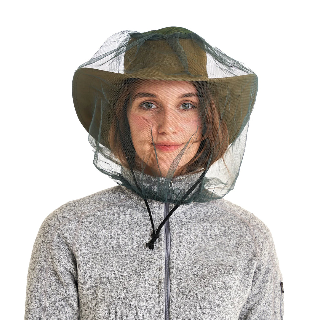Coghlan's Mosquito Head Net worn over a wide brim hat