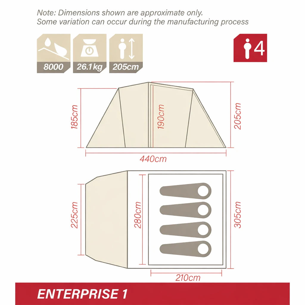 Enterprise 1: Dimension diagram showing 440 cm length, 305 cm overall width and 205 cm peak height