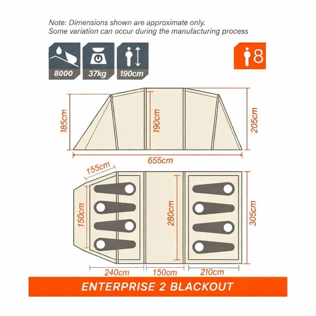 Enterprise 2: Dimension diagram showing bedrooms at opposite ends and a central living area
