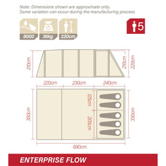 Enterprise Flow: Dimension diagram showing 690 cm length, 350 cm overall width and 220 cm peak height