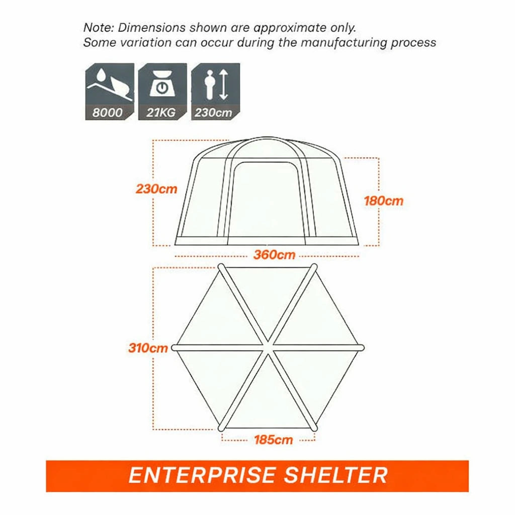 Enterprise Shelter V2: Hexagonal shelter dimension diagram showing 360 cm across, 310 cm depth and 230 cm height
