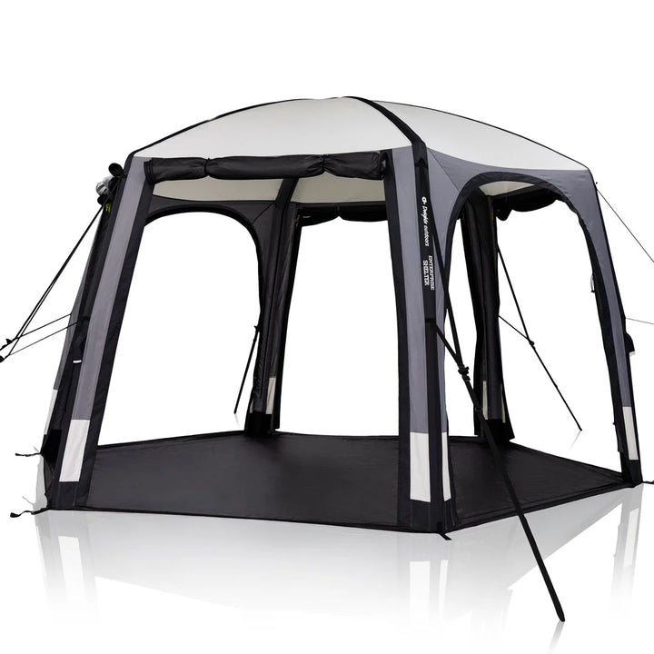 Enterprise Shelter V2: Shelter with sides rolled open and groundsheet fitted