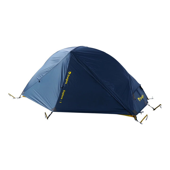 Dwights Explore 1 V2 hiking tent — blue flysheet from the side