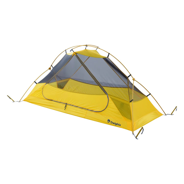 Dwights Explore 1 V2 hiking tent — yellow inner tent and mesh panels, angled view
