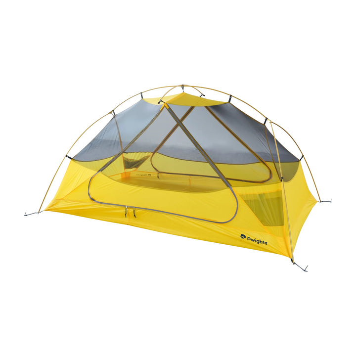 Dwights Explore 2 V2 hiking tent — yellow inner tent and mesh panels, angled view