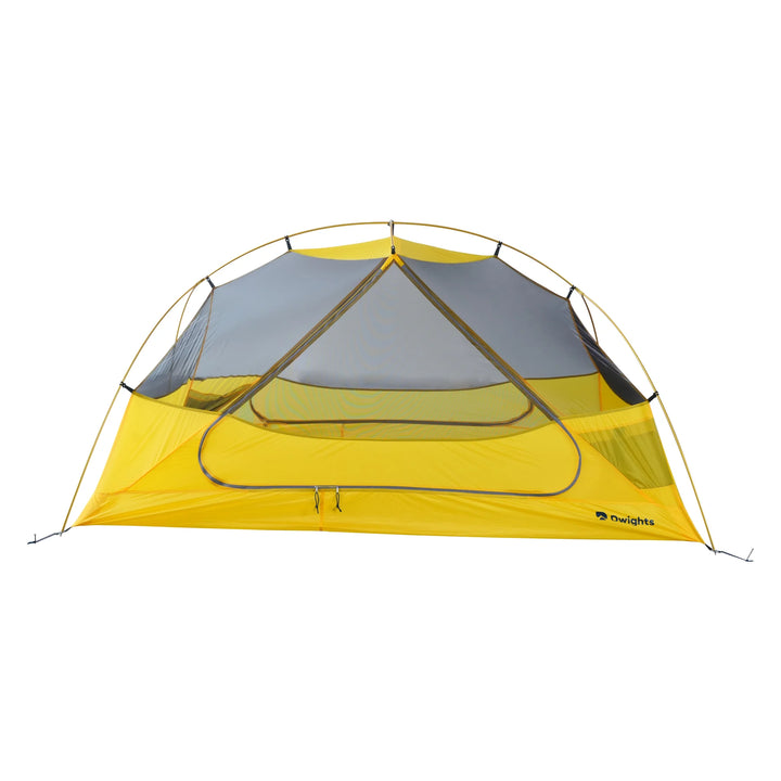 Dwights Explore 2 V2 hiking tent — yellow inner tent and mesh panels, front view