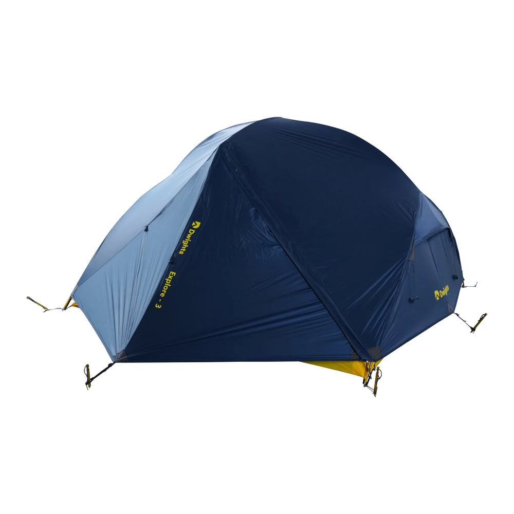 Dwights Explore 3 V2 hiking tent — blue flysheet with the door closed