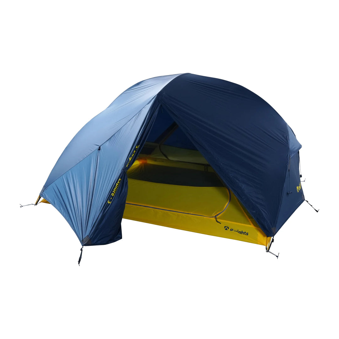 Dwights Explore 3 V2 hiking tent — blue flysheet open to show the yellow inner