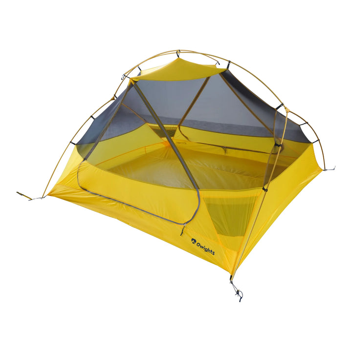 Dwights Explore 3 V2 hiking tent — yellow inner tent and mesh panels, angled view
