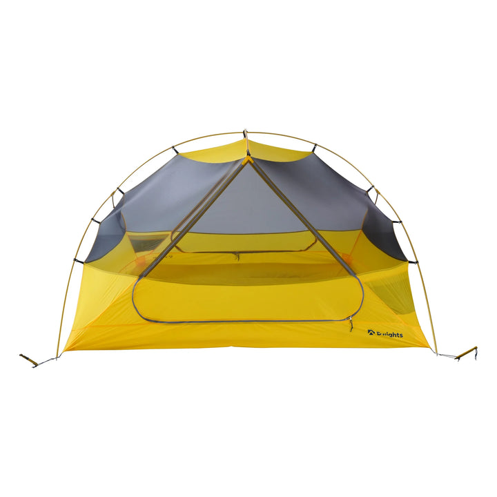 Dwights Explore 3 V2 hiking tent — yellow inner tent and mesh panels, front view