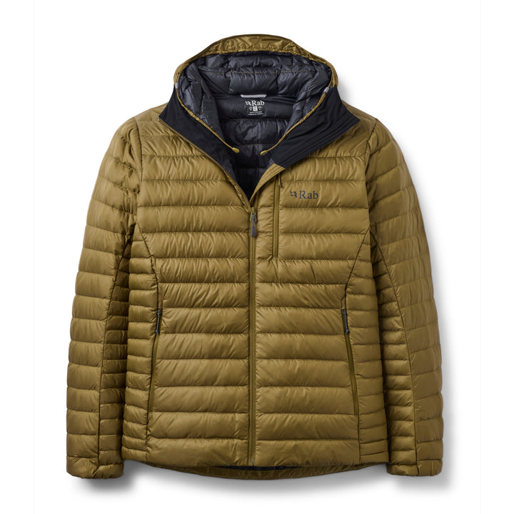 Men’s Rab Microlight Alpine Down Hoody in Oak, front packshot with hood open and black lining.