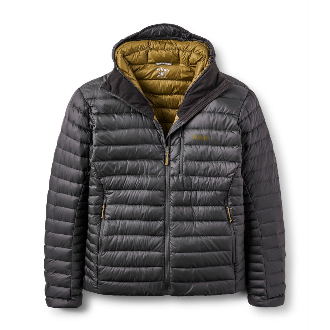 Men’s Rab Microlight Alpine Down Hoody in Anthracite, front packshot with hood open and olive lining.