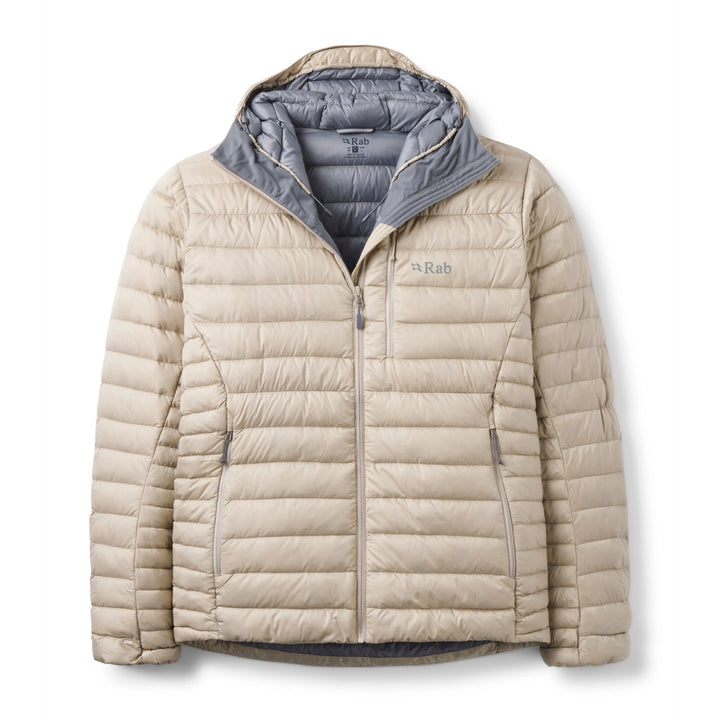 Men’s Rab Microlight Alpine Down Hoody in Dark Pebble, front packshot with hood open and grey lining.