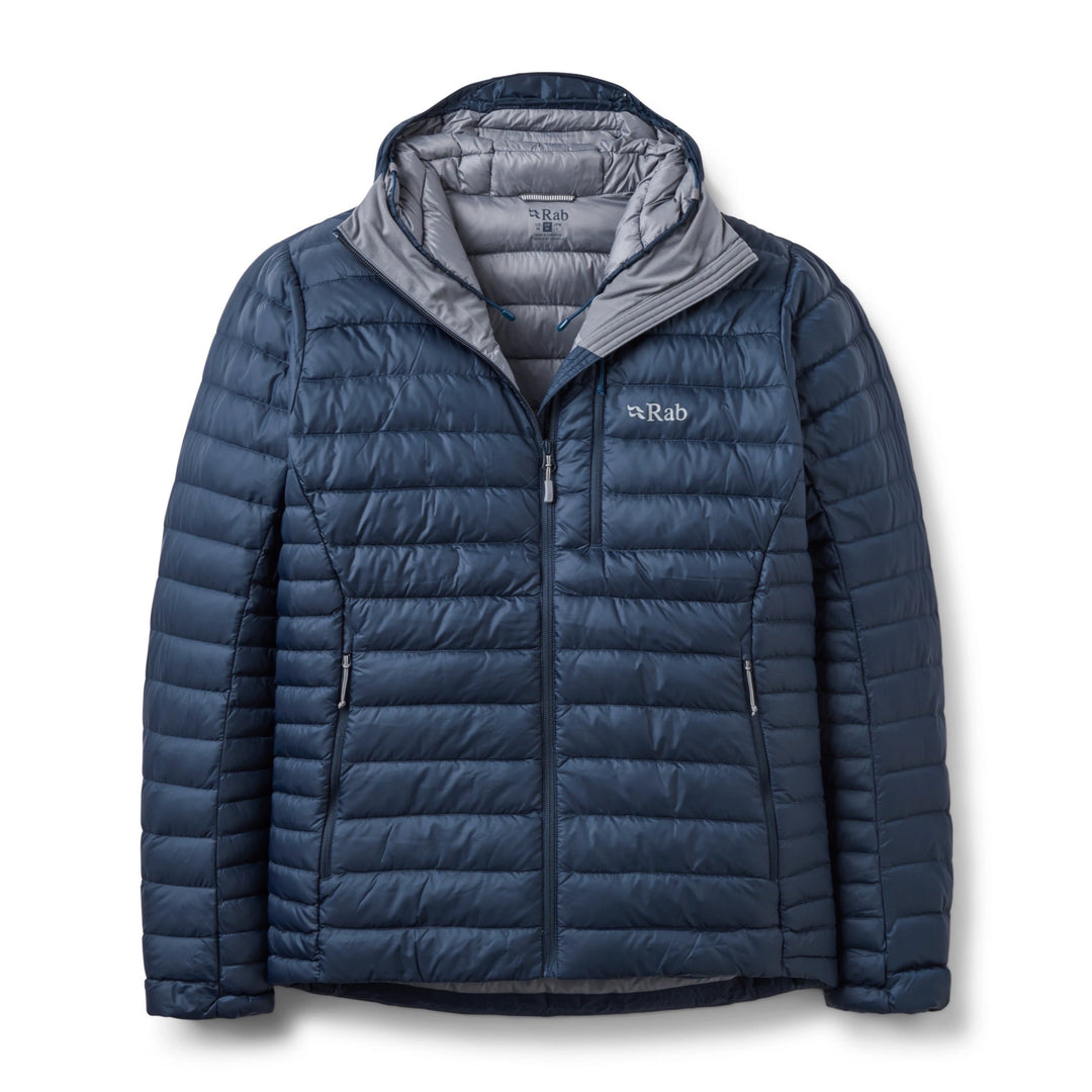 Men’s Rab Microlight Alpine Down Hoody in Galaxy Blue, front packshot with hood open and grey lining.