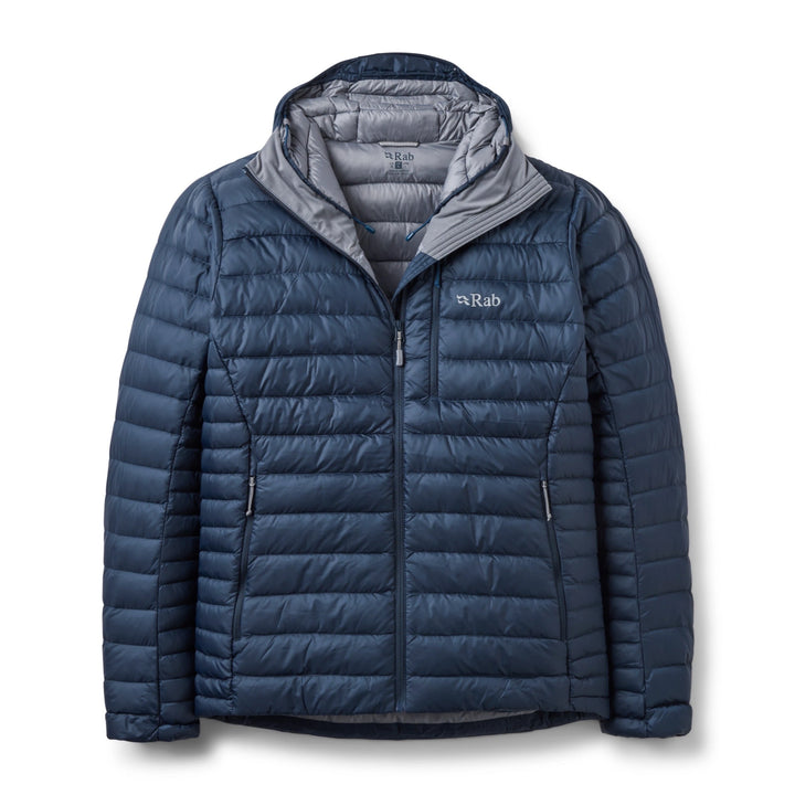 Men’s Rab Microlight Alpine Down Hoody in Galaxy Blue, front packshot with hood open and grey lining.