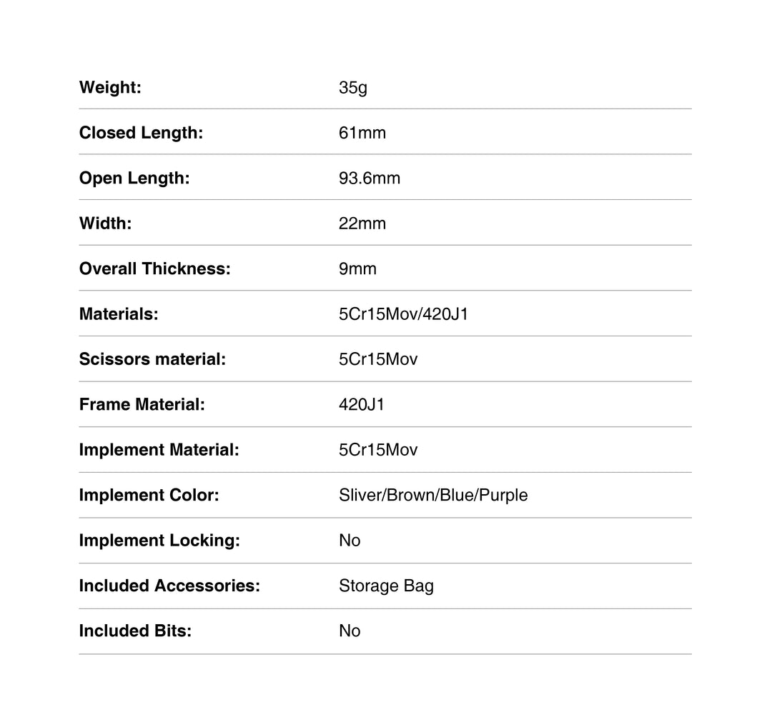 Micro Sailor Scissors S0 - Specifications Chart 1