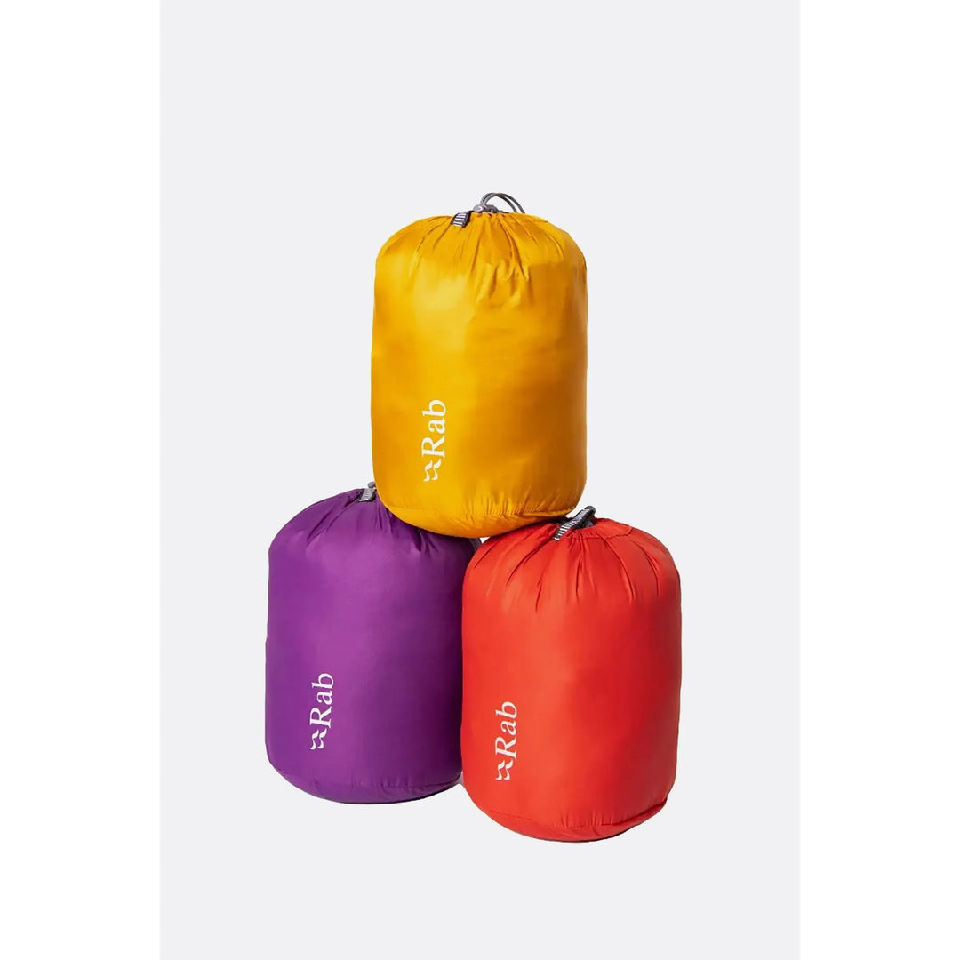 Rab jacket stuff sacks shown in assorted colours; one sack supplied in a random colour