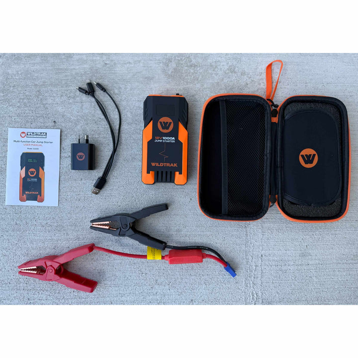Wildtrak S1000A jump starter kit with clamps, charger, cable and case