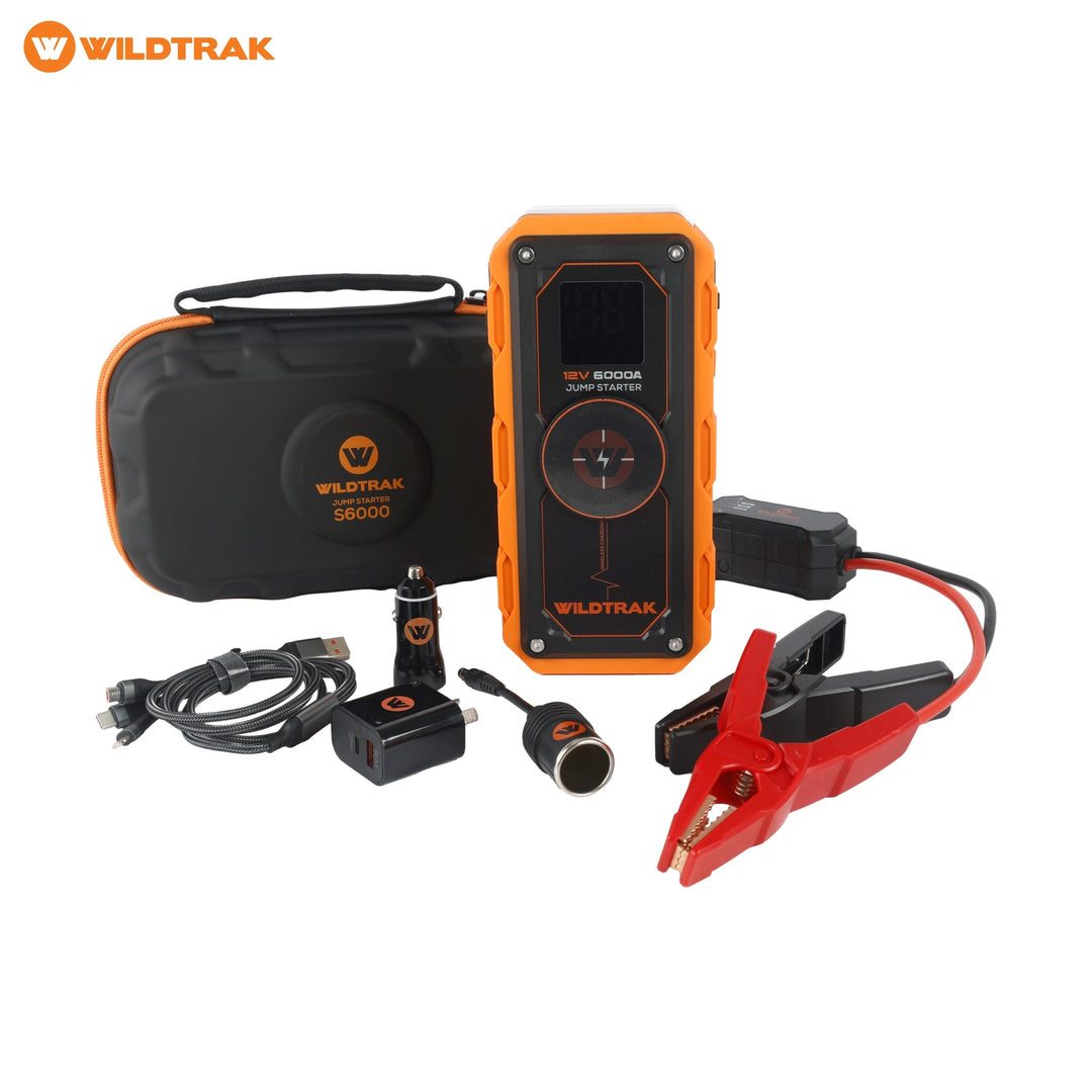 Wildtrak S6000A jump starter with clamps, charging accessories and case