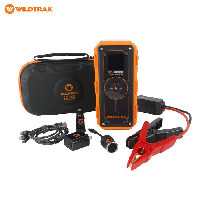 Wildtrak S6000A jump starter with clamps, charging accessories and case